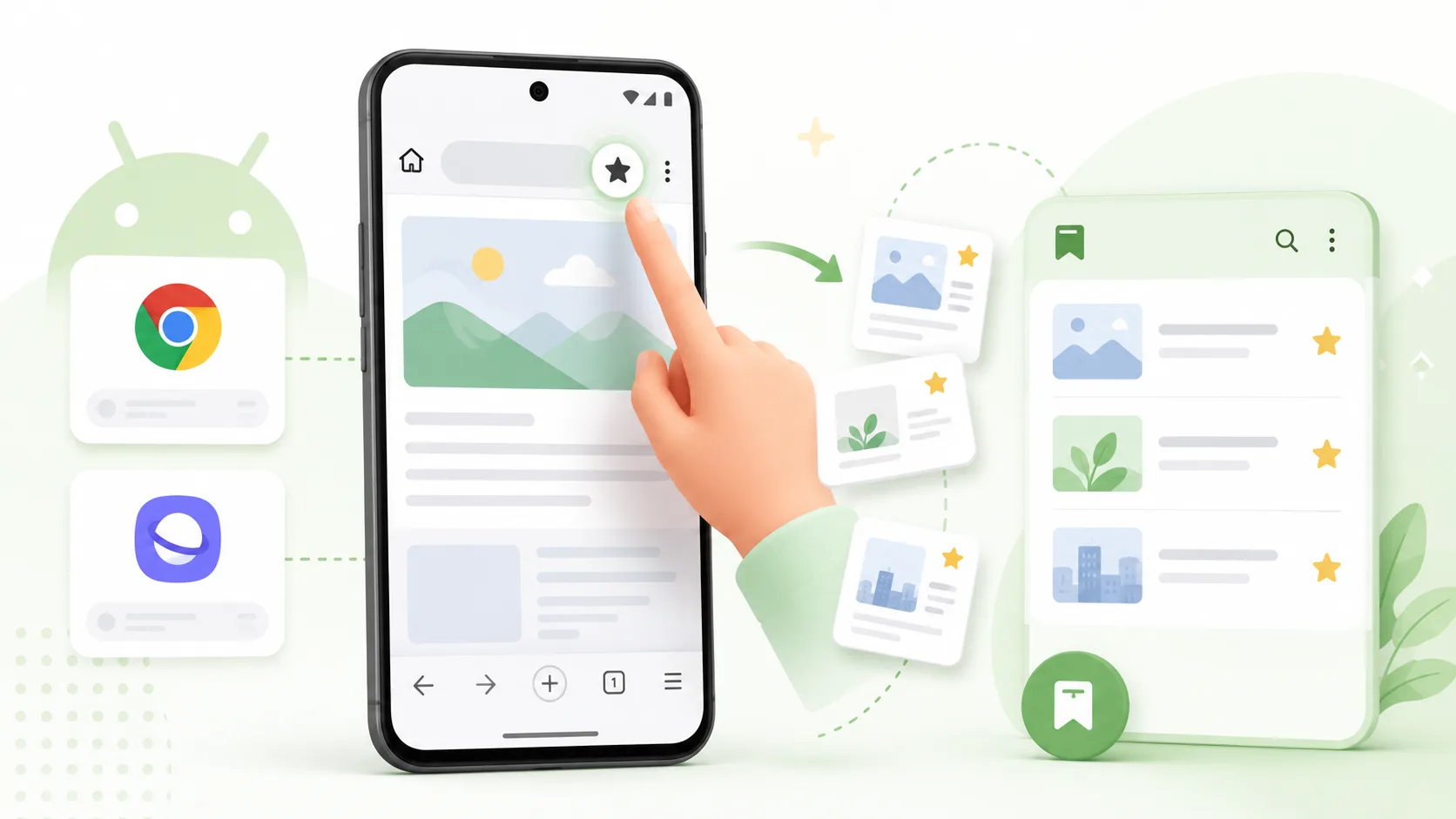 How to bookmark on Android: tap the menu or star in Chrome or Samsung Internet, then keep everything in Tuckii