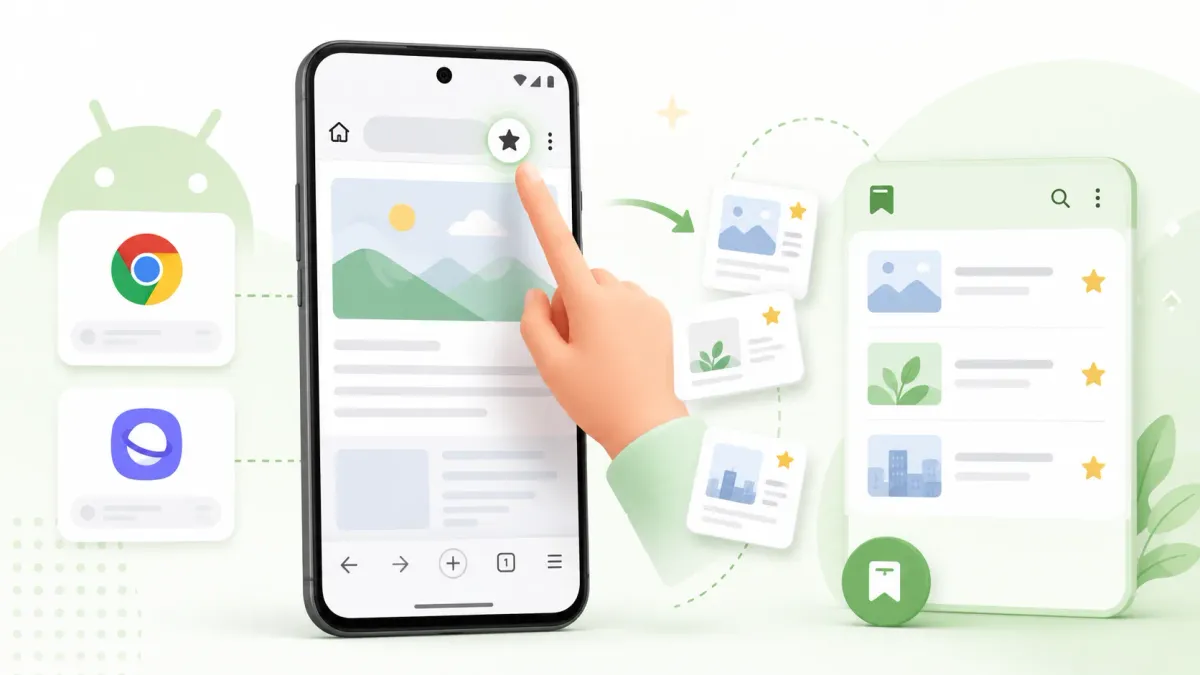 How to bookmark on Android: tap the menu or star in Chrome or Samsung Internet, then keep everything in Tuckii