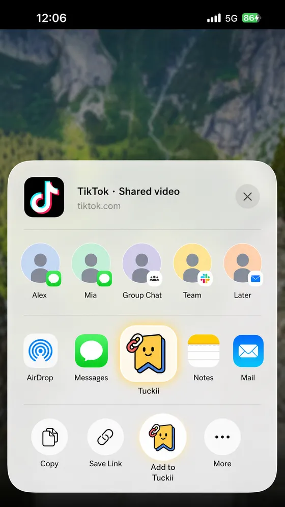 TikTok share sheet open with the Tuckii app selected