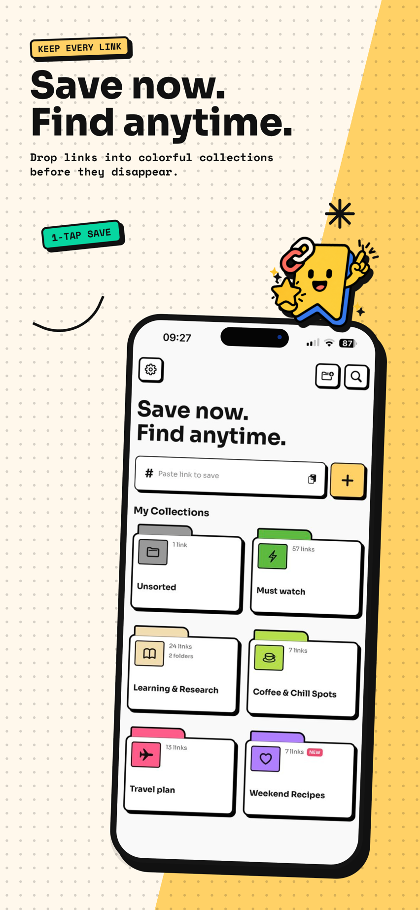 Tuckii home screen on iPhone showing saved links grouped into colour-coded collections