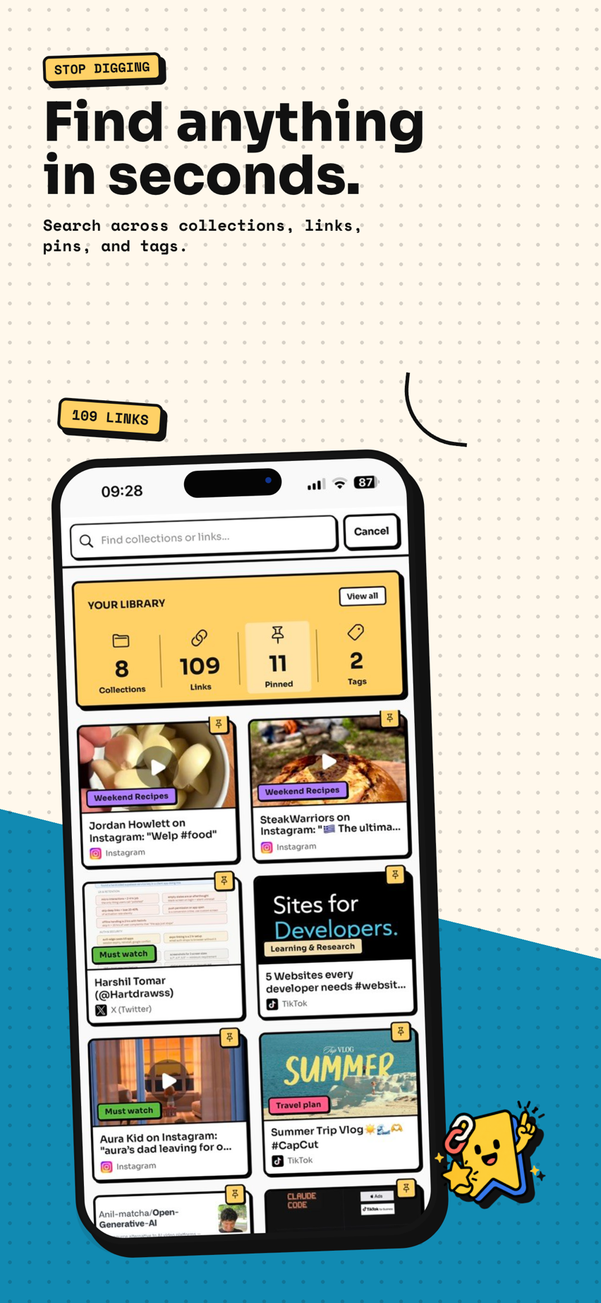 Tuckii search screen finding a previously saved link by keyword