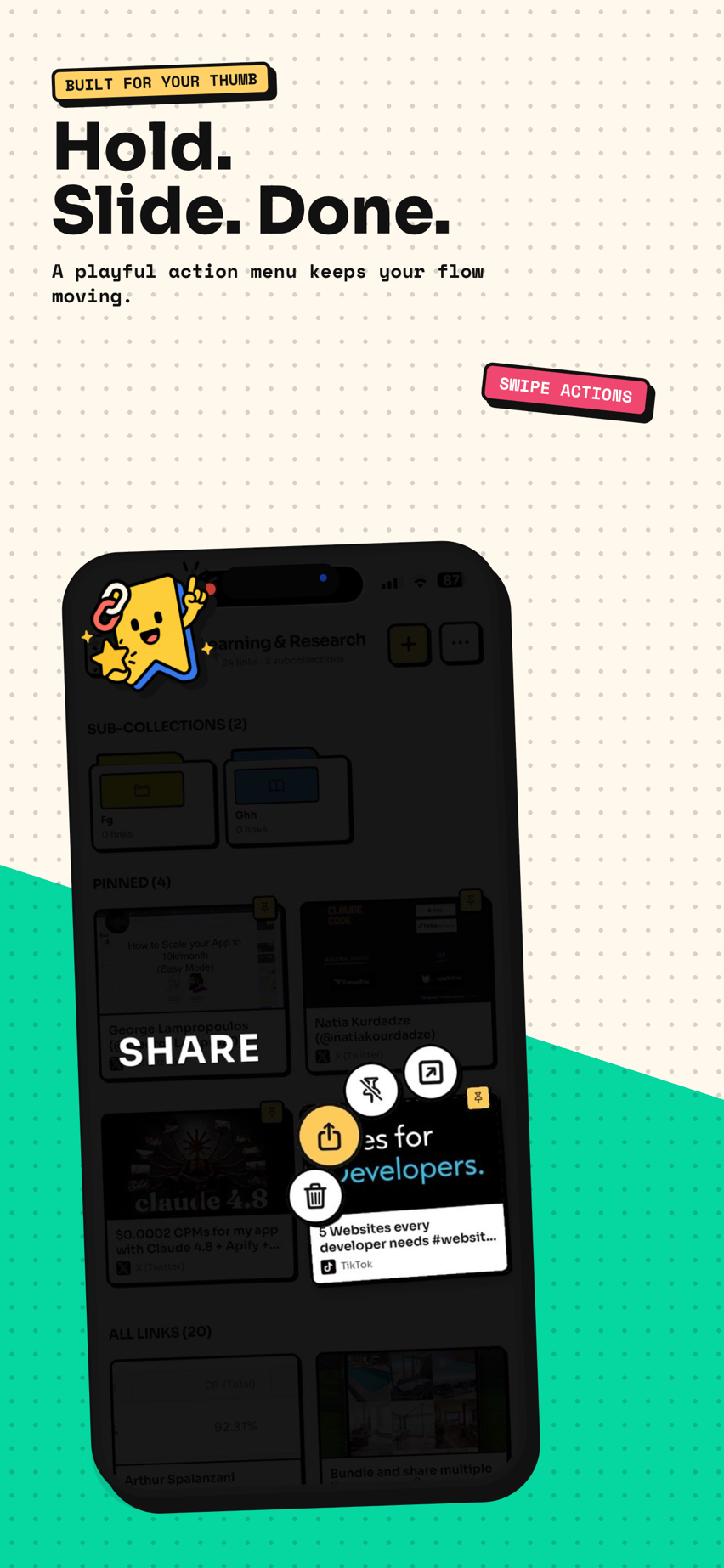 Tuckii on Android — long-press actions to move, share, or delete saved links