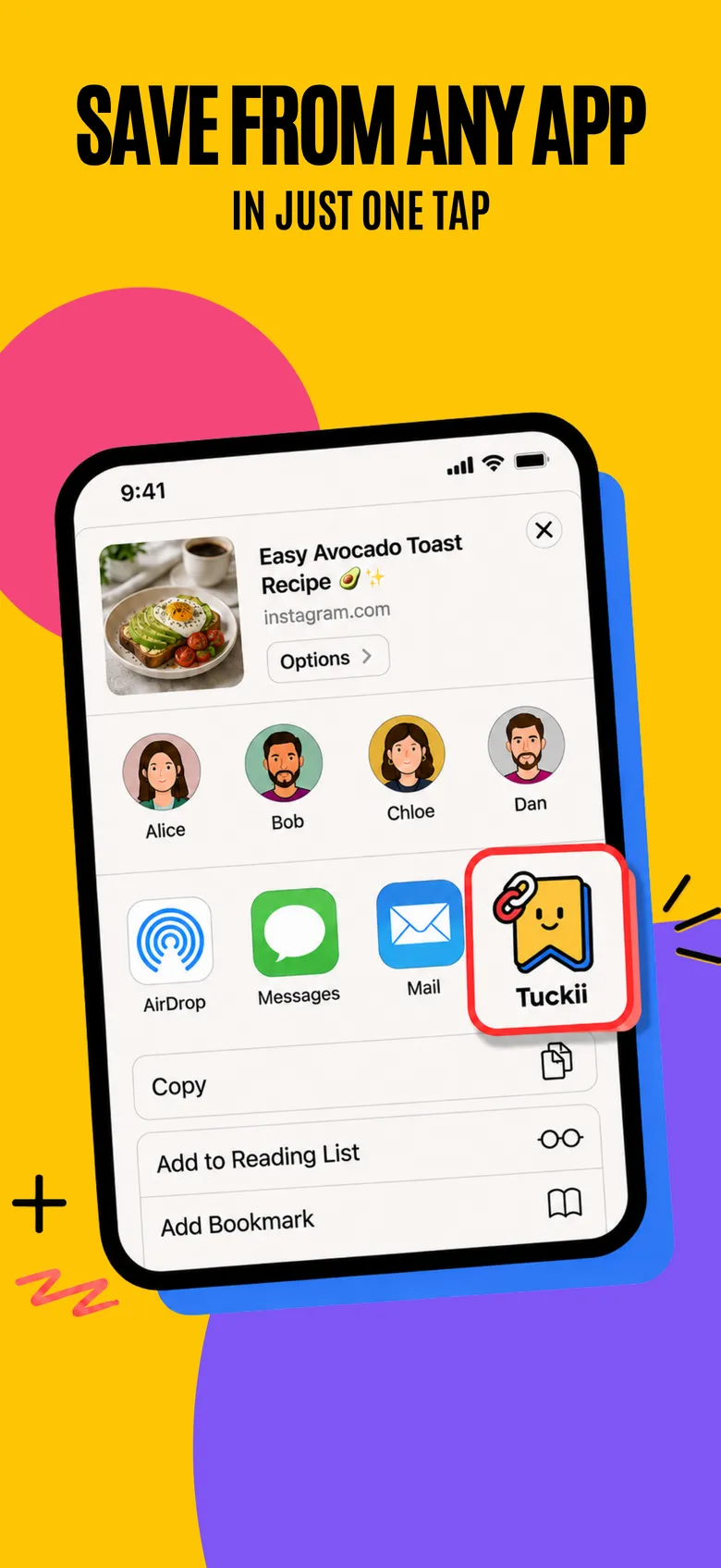 Save from any app in one tap — the iPhone share sheet with Tuckii selected to save an Instagram recipe