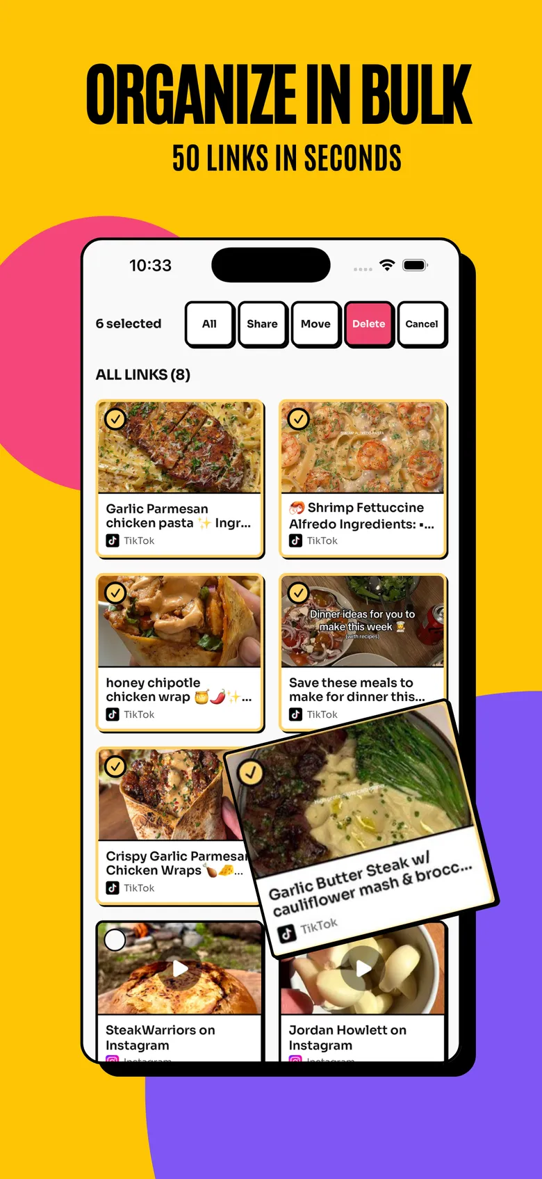 Organize in bulk — select many saved links at once to share, move, or delete them together