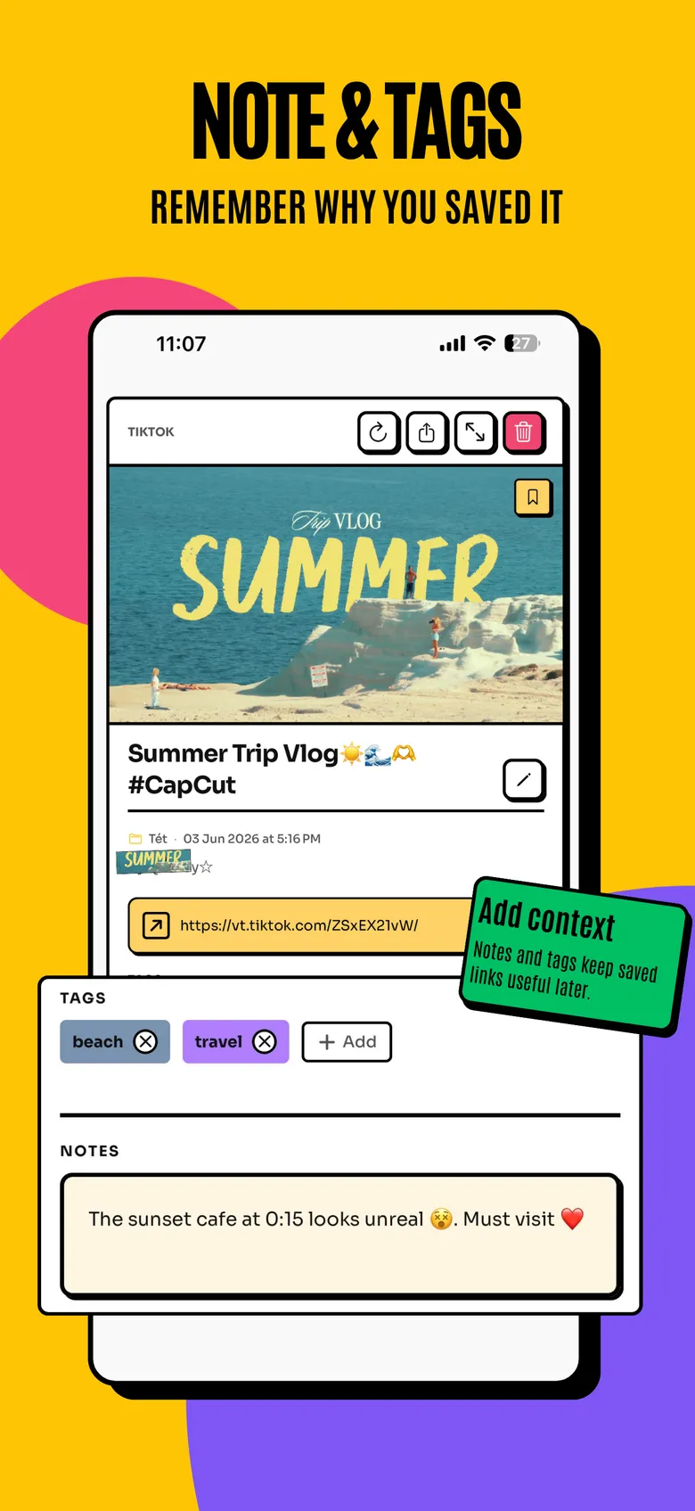 Notes and tags — a saved TikTok in Tuckii with tags and a note explaining why it was saved