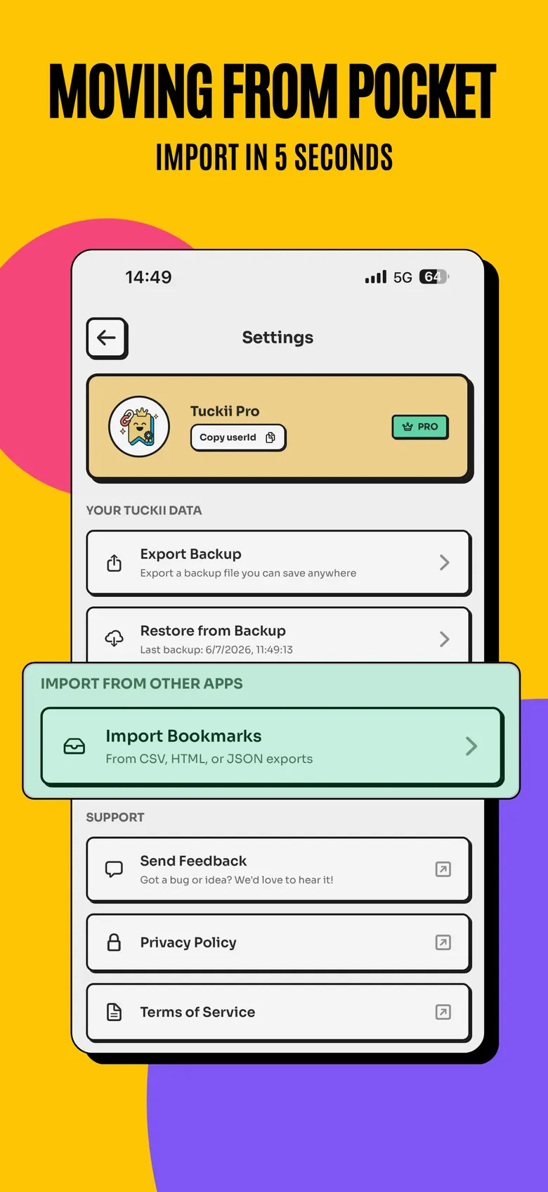 Moving from Pocket — import bookmarks from CSV, HTML, or JSON exports in Tuckii settings