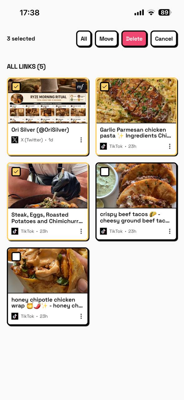 Tuckii bulk selection to organize many saved links at once