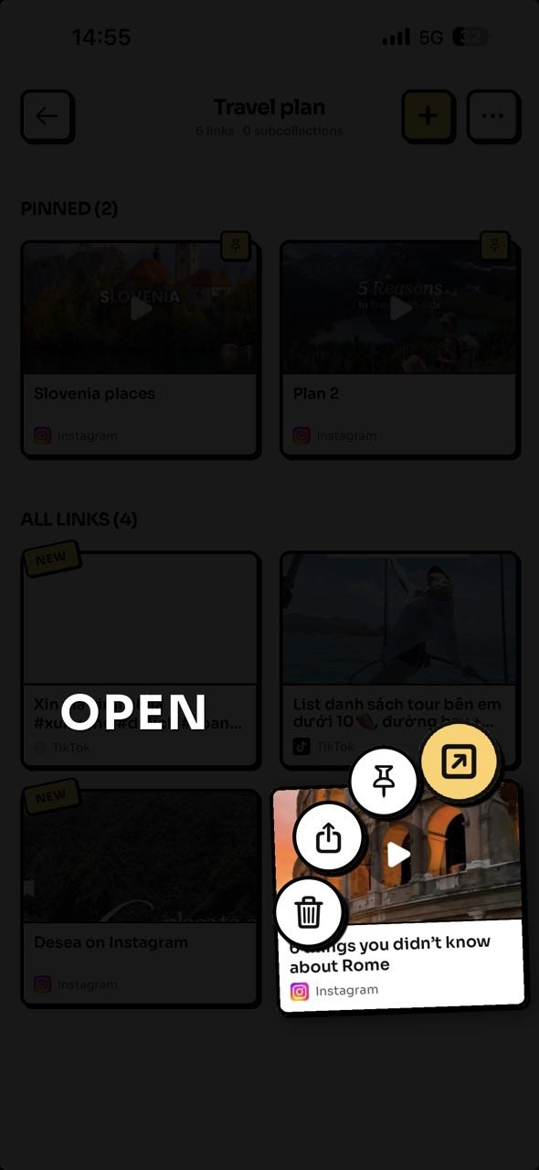 Tuckii's Pinterest-style hold-to-action menu for quick edits on a saved link