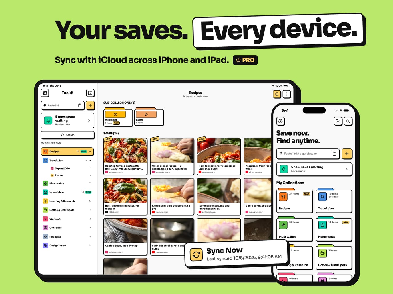 Tuckii on iPad and iPhone showing the same collections, with a Sync Now button and the last synced time