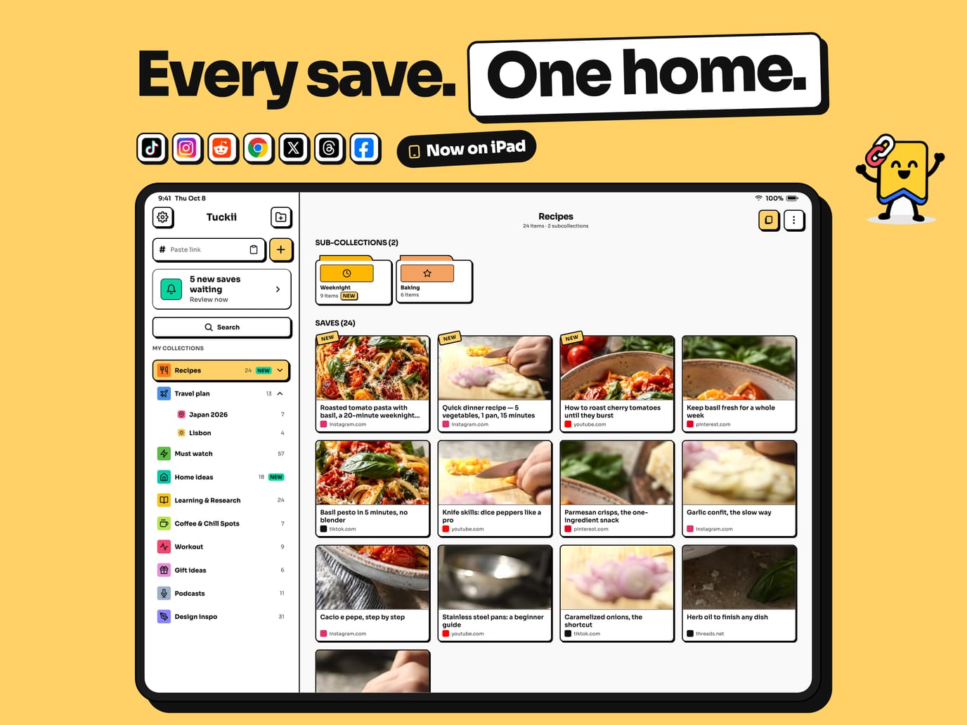 Tuckii on iPad: a sidebar of collections next to a grid of saved links from TikTok, Instagram and YouTube