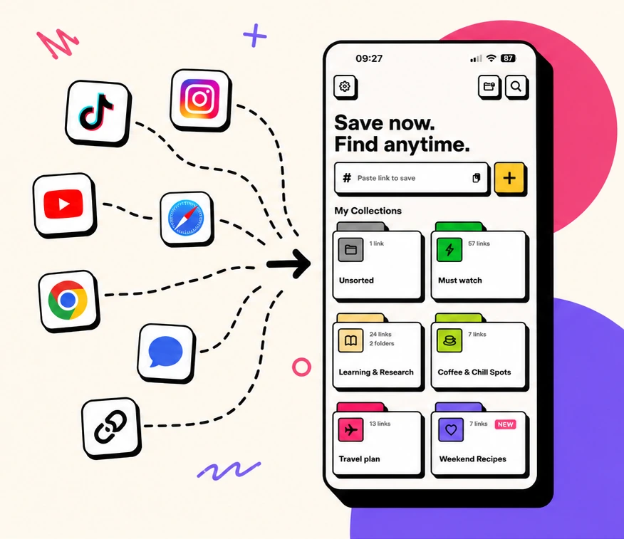 Links from TikTok, Instagram, YouTube, browsers, and messages flowing into one searchable Tuckii library