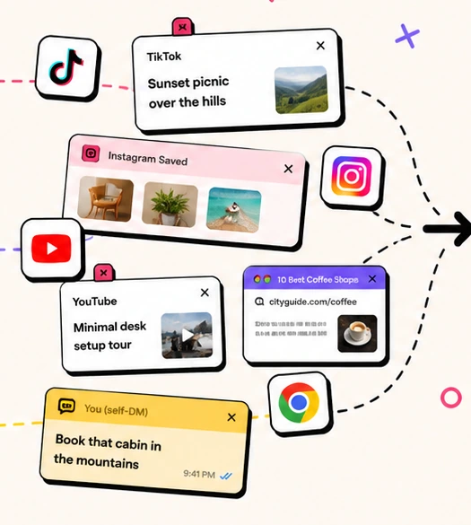 Saved posts scattered across TikTok, Instagram, YouTube, a browser, and a self-message