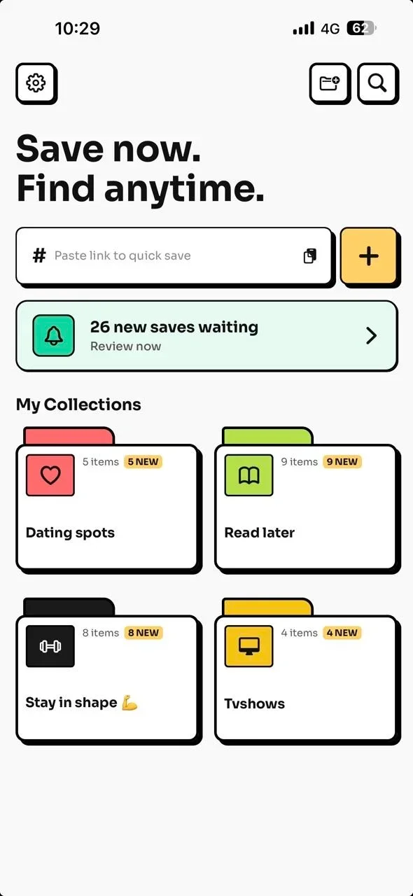 Tuckii home screen: Save now. Find anytime. — with collections for Dating spots, Read later, Stay in shape and TV shows